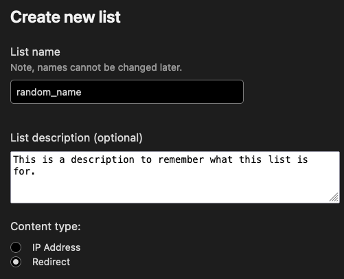 Create a new redirect list